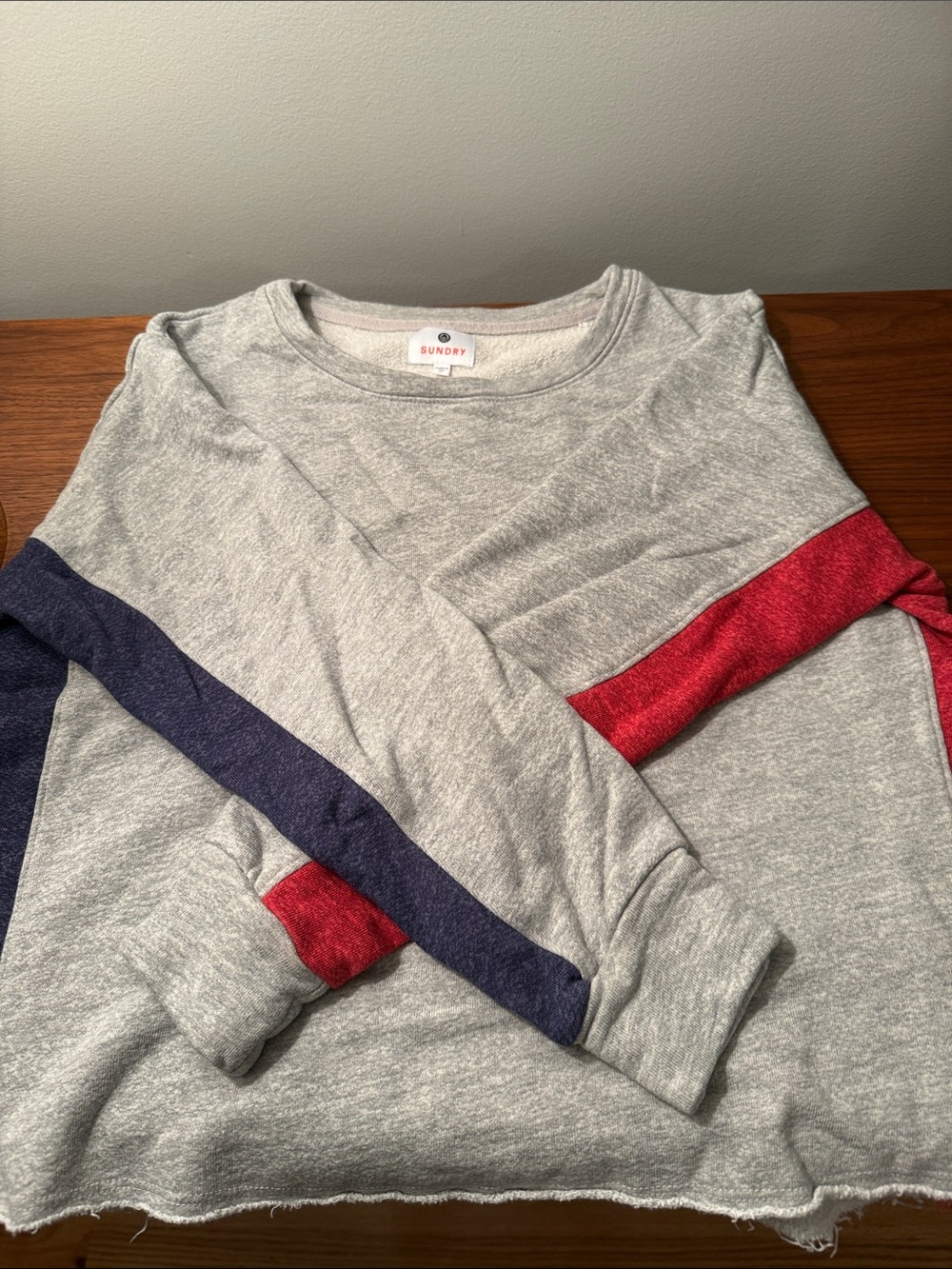 Sundry Gray Crewneck Sweatshirt with Red and Navy Sleeve Stripes